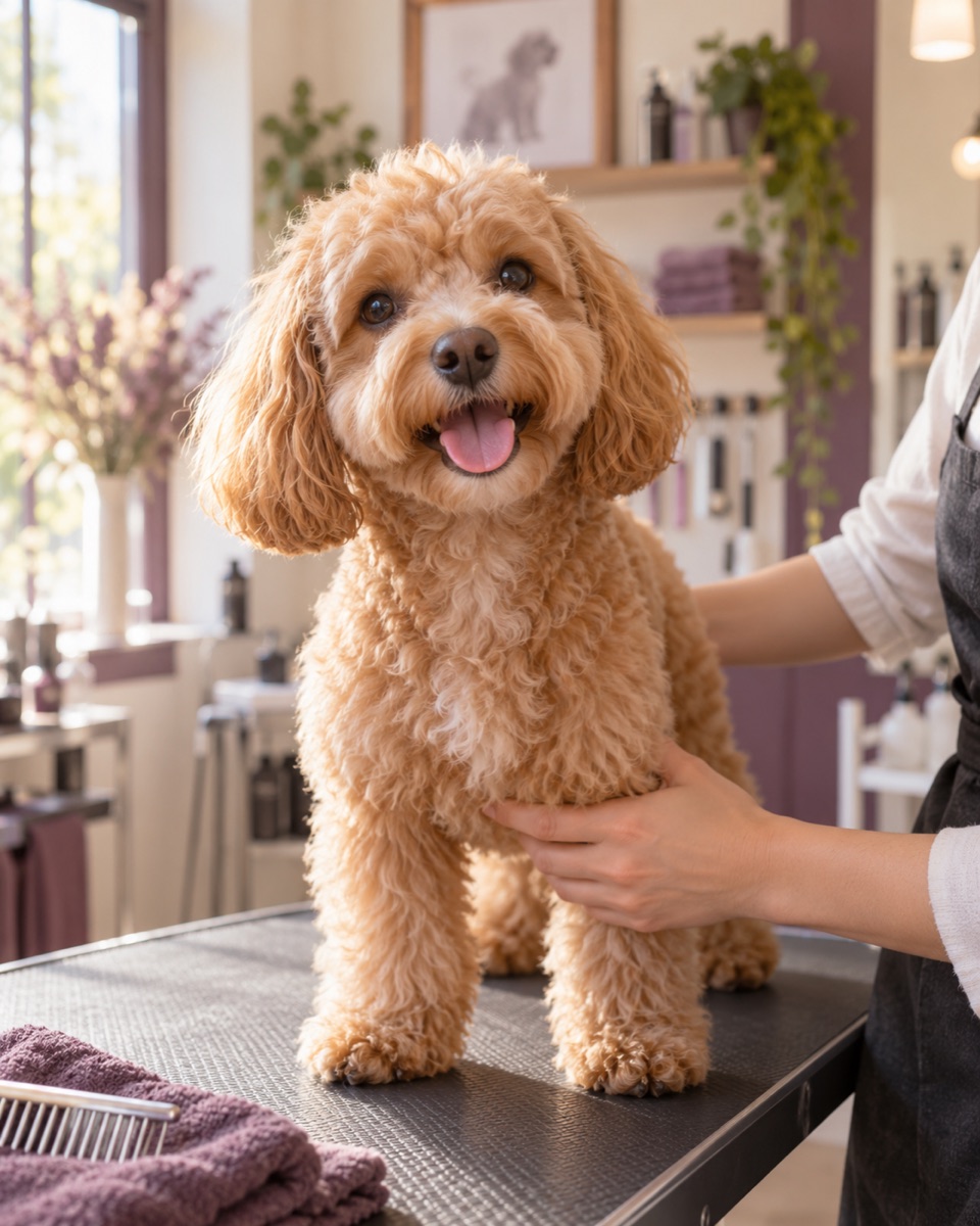 Illustrative grooming-studio scene with a freshly groomed apricot dog
