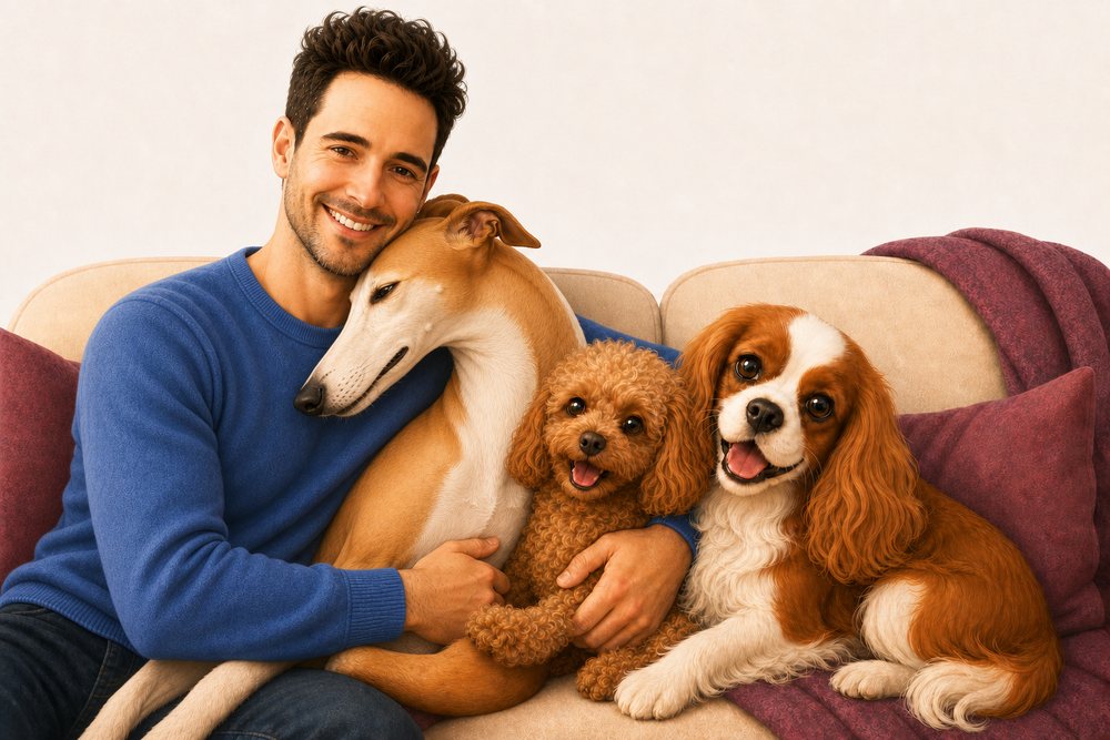 Illustration of the founder on a couch with three dogs